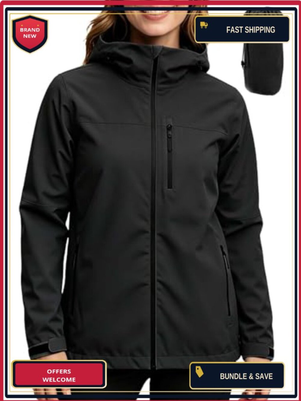 Women's Waterproof Breathable Rain Jacket with Hood, Lightweight Packable